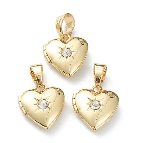 Beadthoven 10pcs Cubic Zirconia Heart Locket Pendants Real 18K Gold Plated Heart Photo Frame Charms Photo Holder Memory Locket Pendants for DIY Necklace Jewelry Making - color: Gold-Heart-with CZ Stone