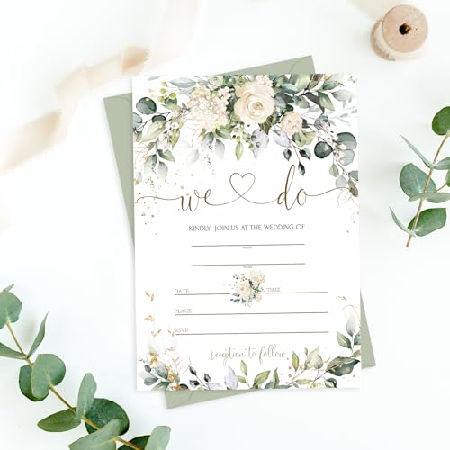 Whaline 25 Sets Greenery Floral Wedding Invitation with Envelopes Stickers Eucalyptus Leaves Fill in Blank Invites Cards for Bridal Shower, 5 x 7 Inch - style: Greenery Floral
