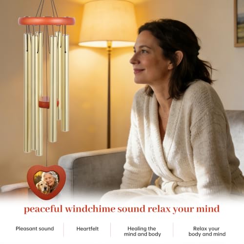Memorial Wind Chime for Loss of Loved One, Sympathy Gift with Photo Frame for Mother Father Pet, 33" Deep Tone Healing Bereavement & Remembrance Gift (Gold) - color: Gold