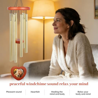 Memorial Wind Chime for Loss of Loved One, Sympathy Gift with Photo Frame for Mother Father Pet, 33" Deep Tone Healing Bereavement & Remembrance Gift (Gold) - color: Gold