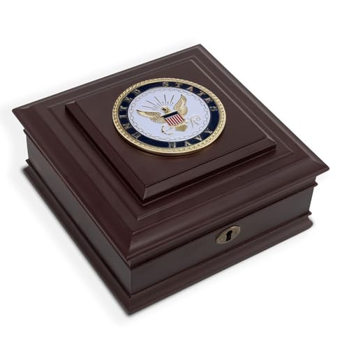 Allied Frame US Navy Medallion Desktop Box | Made in USA, Eco-Friendly Materials, cherry wood Navy storage box with velvet lining and official medallion for keepsakes. - color: Navy