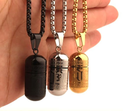 Tibetan Buddhist Meditation Stainless Steel Pendant Memorial Cremation Ash Pill Container Necklace 23.6+1.96" Chain - color: Silver