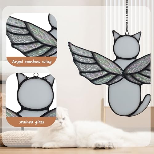 Angel Rainbow Wing Memorial Gifts - Stained Glass Cat Suncatcher, Loss of Cat Sympathy Gift (White) - color: White