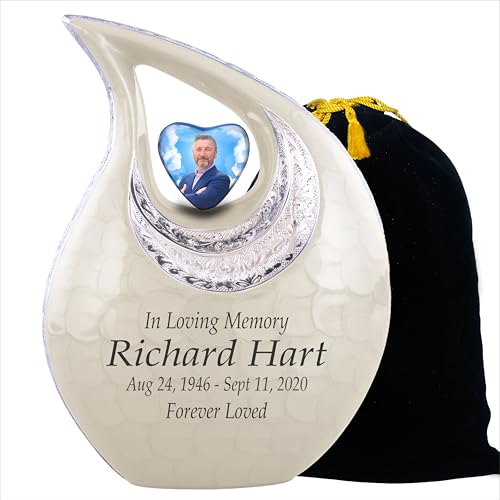 Personalized Photo & Text White Teardrop Cremation Urns for Adult Ashes Male Female - 156 Lbs Burial Urns for Human Ashes - Handcrafted Funeral Decorative Urn for Adult with Velvet Bag - size: 156 Lbs Adult Urn
