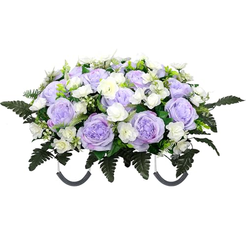 Cemetery Flower Saddle,Artificial Graveyard Flowers Grave Decorations,Headstone Flower Saddle Fade,Artificial Peonies Grave Memorial Flowers for Headstones Decoration (Purple White) - color: Purple White