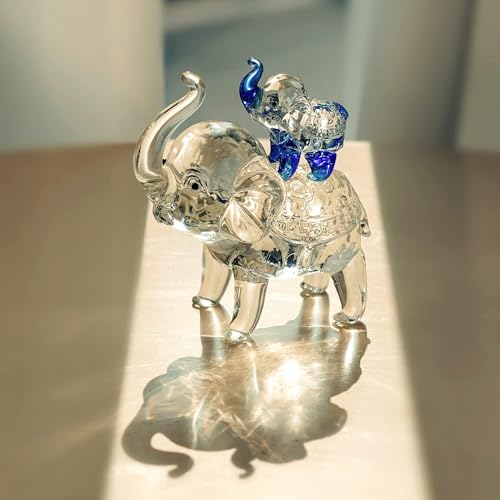Crystal Elephant Figurines Glass Elephants Gifts for Women | Mom and Son Elephants Collectible, Home Office Tabletop Decor, Mother's Birthday Gifts, Glass Collectibles - style: mom-son(blue)