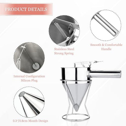 Piston Funnel with Stand - Stainless Steel Confectionery Funnel for Batter Dispensing & Bakery Use - Precise Cake Decorating Tool - Perfect for Pouring Sauces, Chocolate & Fillings | Silver