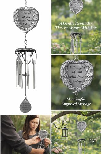 Memorial Wind Chimes Outdoor – Sympathy Gift Loss of Loved One – I Thought of You with Love Today Poem – Angel Wings Heart Teardrop Charm – in Loving Memory Wind Chime - 23 Inch