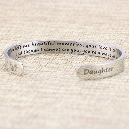 Memorial Gifts for Loss of Mom Dad In Memory of Jewelry Sympathy Bracelet | Bereavement Cuff Secret Message Engraved Grief Gifts for Women - style: Daughter Memorial Gift- You left me beautiful memories