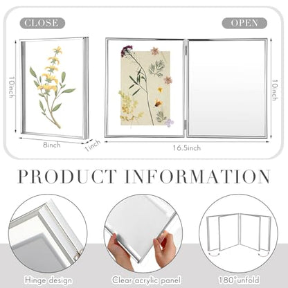 Sintuff 8" x 10'' Brass Double Picture Frame Clear Double Folding Hinged Frame Acrylic Memorial Photos Displayed Stand for Desktop Artwork Plants Specimen Graduation Christmas Gifts(Silver) - color: Silver