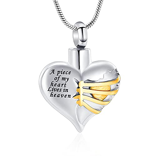 Imrsanl Heart Cremation Urn Necklace Pendant for Human Ashes - A Piece of My Heart Lives in Heaven Memorial Keepsakes Cremation Jewelry - color: Gold