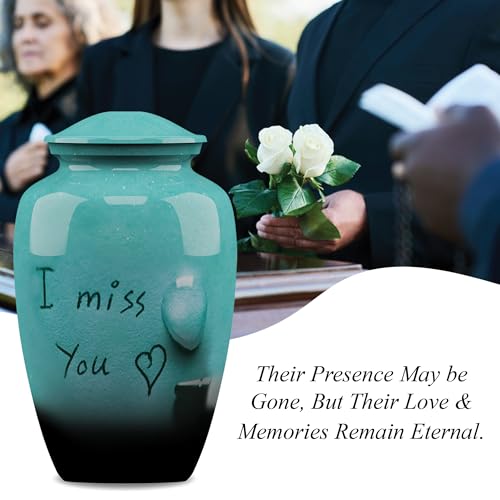 Forever URNS Adult Cremation Funeral Urn with Printed I Miss You Theme for Human Ashes of Female & Male | 200 cu in | Large | Sea Green | Completely Handcrafted with Velvet Protection Bag