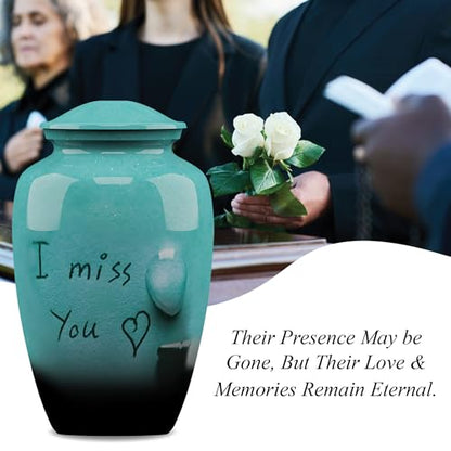 Forever URNS Adult Cremation Funeral Urn with Printed I Miss You Theme for Human Ashes of Female & Male | 200 cu in | Large | Sea Green | Completely Handcrafted with Velvet Protection Bag