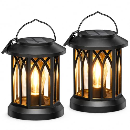 Solar Lanterns Outdoor Waterproof 2 Pack, Hanging Solar Lights with 2700K Warm LED Light, IP65 Solar Powered Lanterns with Clip, Auto On/Off Outdoor Lanterns for Garden Patio Yard Porch Decor - color: Modern Black, size: 2 Pack