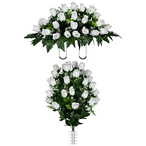 Artificial Cemetery Flowers - Gravesite Flowers - White Roses - (1) Headstone Flower Saddle & (1) Matching Bouquet - color: White Roses, size: (1) Saddle (1) Bouquet
