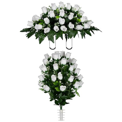 Artificial Cemetery Flowers - Gravesite Flowers - White Roses - (1) Headstone Flower Saddle & (1) Matching Bouquet - color: White Roses, size: (1) Saddle (1) Bouquet