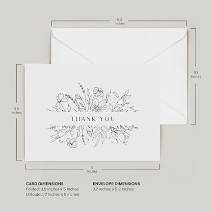 ThreeKin Floral Thank You Cards with Envelopes, 25 Folded 3.5 x 5" Blank Cards for Weddings, Baby Showers, Small Business, Holidays, Elegant Stationery for All Occasions, Heavyweight Matte Cardstock - style: Floral