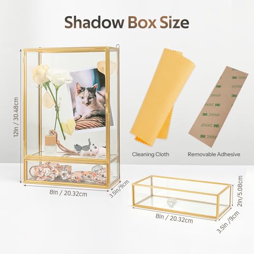 Shadow Box Frame, 3.5" Deep Wedding Shadow Boxes Display Case with Drawer, Glass Gold Shadow Memory Box for Picture, Wedding Bouquet, Pet Memorial and Keepsakes