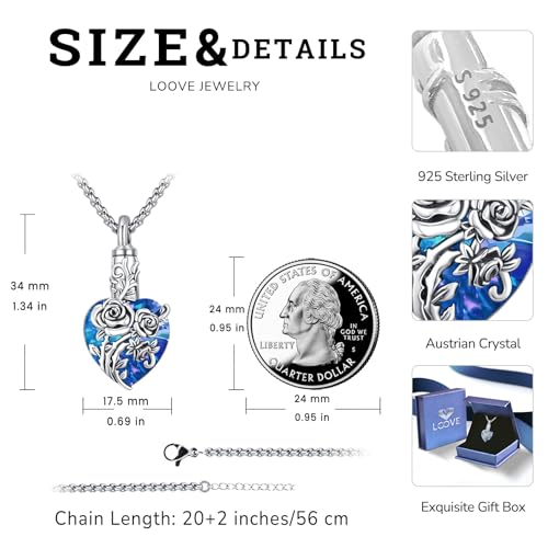 Urn Necklace for Ashes for Women/Men 925 Sterling Silver Cremation Jewelry w/Funnel Filler Memorial Jewelry Gifts - color: A-Rose (Blue Crystal), style: Non - Customized