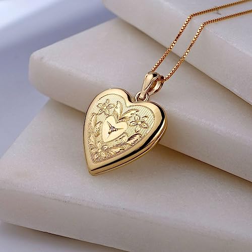 PicturesOnGold.com 14K Gold Filled Floral Heart Photo Locket with Diamond - 3/4 inch x 3/4 inch - Includes 18 inch Chain - style: Locket + 2 Photos