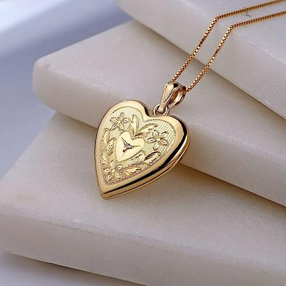 PicturesOnGold.com 14K Gold Filled Floral Heart Photo Locket with Diamond - 3/4 inch x 3/4 inch - Includes 18 inch Chain - style: Locket + 2 Photos