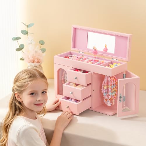 Musical Jewelry Box for Girls, Large Wooden Kids Jewelry Organizer with Spinning Ballerina & Mirror, 5-Layer Storage with Drawers & Side Doors, Pink Jewelry Box for Girls Birthday Christmas & gifts