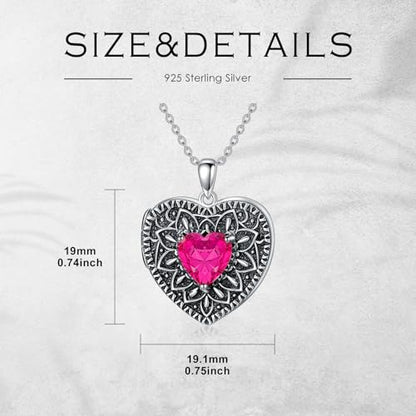 Heart Photo Locket Necklace 925 Sterling Silver Birthstone Gemstone That Holds 2 Pictures Locket Necklace Jewelry Gifts for Mother Women Mom Mother's Day Christmas Birthday - style: 07-July-Ruby