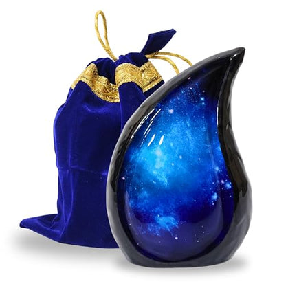 NORSE'S TRADECRAFT Teardrop Urn for Ashes Adult Male & Female, Metal Cremation Urn with Blue Galaxy Design, Memorial Gifts with Velvet Bag, Handcrafted Memorial Box for Funeral - 60 cu in