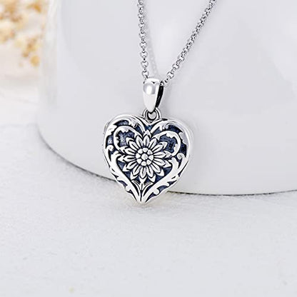 SOULMEET Sunflower/Rose/Daisy Heart Locket Necklace That Holds Pictures Keep Someone Near to You Sterling Silver/Gold Personalized Photo Locket Gift - style: B-Sunflower locket+photo+text