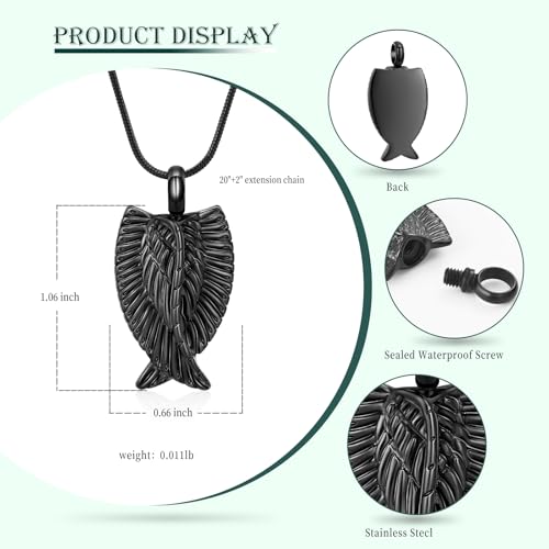 Angel Wings Cremation Jewelry Necklaces Stainless Steel Urn Necklaces for Ashes Memorial Keepsake Pendant for Women Men Gifts With Funnel Kit & Bag - color: Black