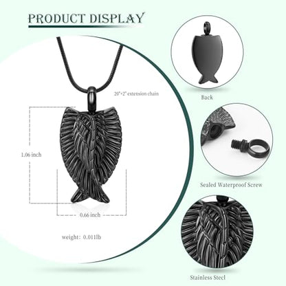 Angel Wings Cremation Jewelry Necklaces Stainless Steel Urn Necklaces for Ashes Memorial Keepsake Pendant for Women Men Gifts With Funnel Kit & Bag - color: Black