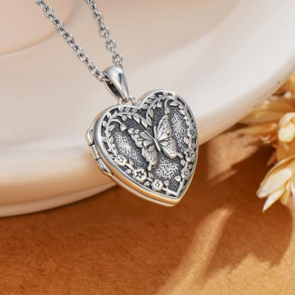 Heart Locket Necklace 925 Sterling Silver Custom Photo Pendant That Holds Pictures Memorial Jewelry Gifts for Women Mom Daughter - color: Butterfly, style: 3-photo&text customized