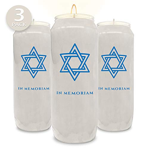9 Day Memorial Candles, 3 Pack - Plastic Jar with Star of David - 7” Tall Pillar Candles for Religious, Prayer, Party Decor, Vigil and Emergency Use - By Ner Mitzvah - size: 3 Pack