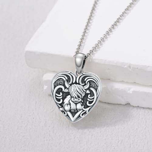 Heart Locket Necklace 925 Sterling Silver Custom Photo Pendant That Holds Pictures Memorial Jewelry Gifts for Women Mom Daughter - color: Highland Cow, style: 1-no custom