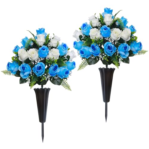 Lodou Set of 2 Artificial Cemetery Flowers, Memorial Flowers Bouquet,Grave Memorial Flowers with Vase for Cemetery Headstones Decoration (Blue White) - color: Blue White