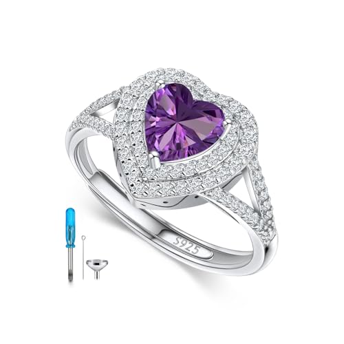 AOBOCO Sterling Silver Heart Birthstone Cremation Ring Holds Loved One's Ashes, Heart Urn Ring for Women, Memorial Keepsake Embellished with Austrian Crystals size 6-9 Adjustable Ring - color: 02-amethyst-Feb