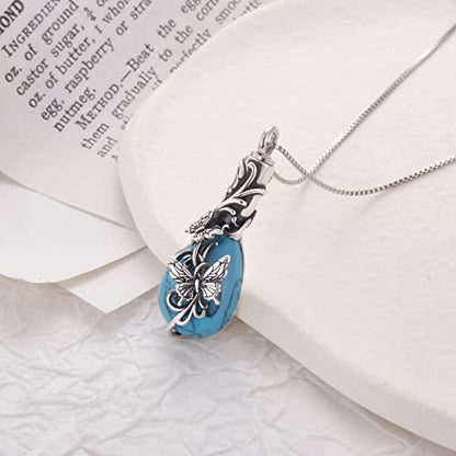 PELOVNY Urn Necklace for Ashes 925 Sterling Silver Butterfly Dragonfly Bee Phoenix Hummingbird Urn Necklaces Animal Crystal Cremation Jewelry for Ashes Cat Dog Pet Memorial Gifts - color: 02-Butterfly Turquoise Urn