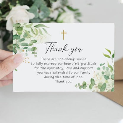 50 Pack Funeral Thank You Cards with Envelopes, Message Inside | 4x6In Thank You Cards for Funeral, Cross & Eucalyptus Design, Sympathy Bereavement Thank You Cards, Thank Family/Friends