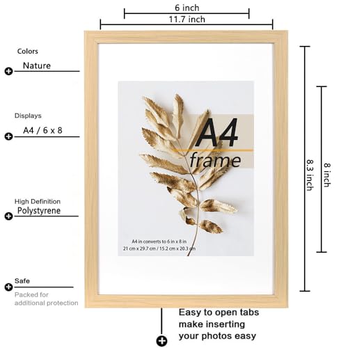 A4 Picture Frame Natural 3 Pcs set can Display 6x8 Picture with Mat or A4 Without Mat on the Wall - color: Natural, size: A4-3Pack