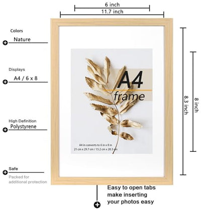 A4 Picture Frame Natural 3 Pcs set can Display 6x8 Picture with Mat or A4 Without Mat on the Wall - color: Natural, size: A4-3Pack