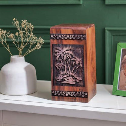 Palm Trees - Wooden Urn - Memorial Urns for Mom & Dad - 10X5.5 Inch - 180 Cubic Inches - Burial Urns for Human Ashes - Human Remains Urn - Burial Urns for Male & Female - Large Cremation Urns