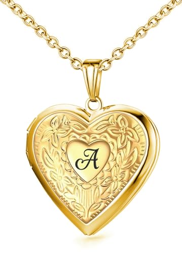 Locket Necklace Holds Pictures Alphabet Initial Letter Love Heart Lockets Photo Memory Locket Necklaces Birthday Gifts - color: Gold, style: AA
