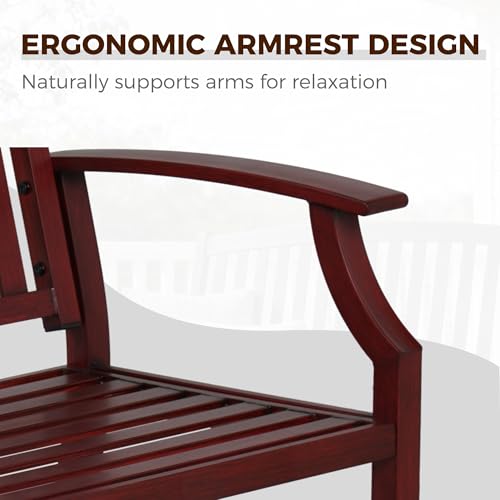 Grand patio 52" Farmhouse Outdoor Bench with Armrest, Red | Anti-rust Aluminum Frame, Faux Wood Grain Finish, for Front Porch, Yard, Park, Garden - color: Wine Red