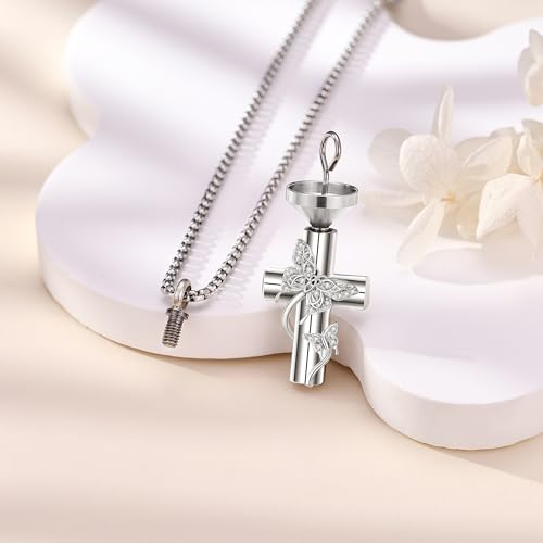 ONEFINITY Religious Urn Necklace for Ashes 925 Sterling Silver Cross/Angel Wing/Butterfly/Raphael Abalone Shell Pendant Necklace Cremation Memorial Keepsake Jewelry Gift for Ashes of Loved One Women - style: Cross Butterfly 2
