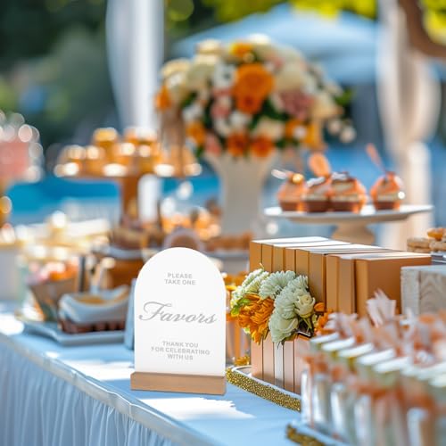 Acrylic Wedding Favors Sign for Reception with Wood Stand, 5 x 7 | Wedding signage guides guests to favors; frosted acrylic table sign with UV-printed white text and beech wood stand. - size: Favors Sign