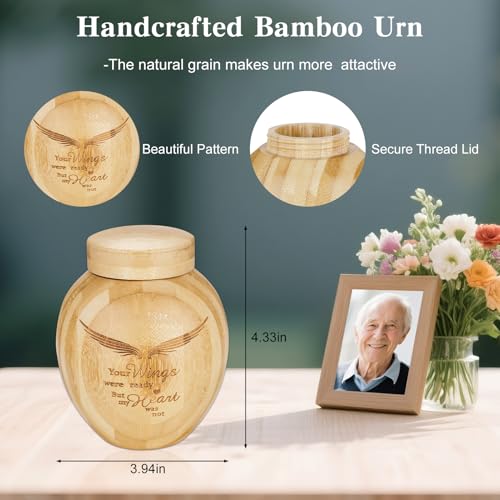 SOITIS Small Urns for Human Ashes-4.3 Inches Bamboo with Wing Pattern, Cremation Urns for Human Ash, Mini Urns for Human Ashes Keepsake Urn Holder, Ash Keepsake - color: Wing