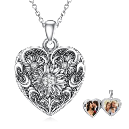 Midari Personalized Heart Locket Necklace That Hold 2 Pictures 925 Sterling Silver Oxidized Photo Necklace Memory Custom Photo Lockets Necklaces Jewelry Gifts for Family Women Lover Mom Dad - color: Sunflower, style: Locket Only