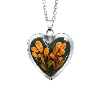 Handmade Dried Pressed Flower Heart Shaped Photo Locket Pendant Necklace - color: Silver, style: Orange Flower on Green