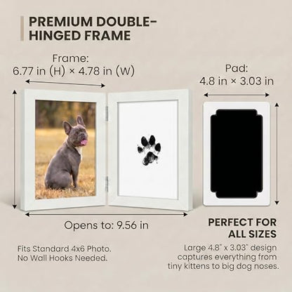 Inkless Pet Paw & Nose Print Kit, Wood Frame Keepsake Gift Set | 3 Inkless Pads, 6 Cards, Hinged Double Wood Frame, 2 Leather Fur Keychains, New Pet, Milestone & Memorial Keepsake