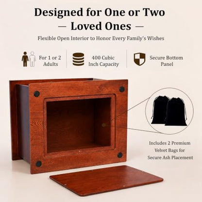 Double Companion Urn for 2 Adults Holds Up to 400 Cubic Inches Wooden Cremation Urn for Human Ashes with 4 x 6 Photo Frame Carved Cross Memorial Urn for Husband Wife Parents